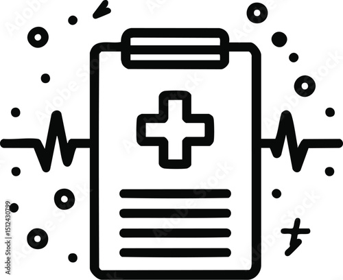 A health record on a clipboard featuring a cross and an EKGlike wave on either side