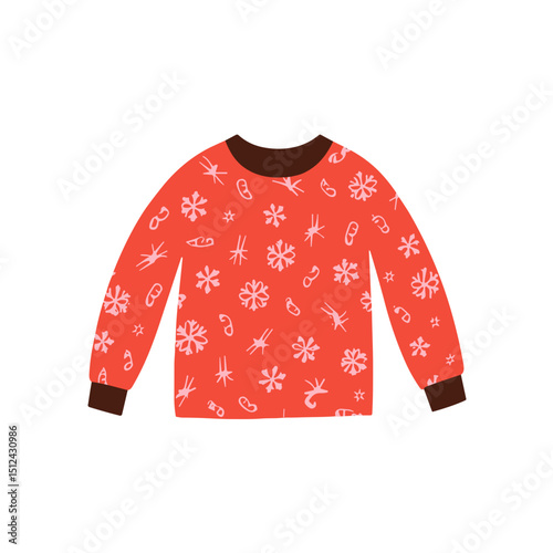 Red sweater with white snowflake patterns on a plain background  