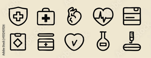 Ten health icons shield first aid heart jar flask dropper