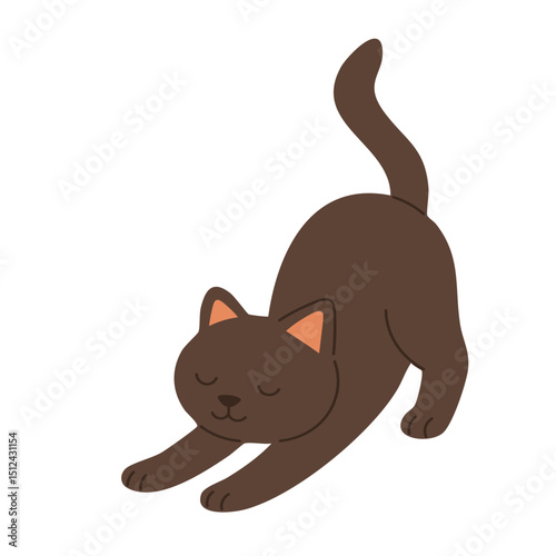 Cute brown cat stretching with closed eyes. Flat cartoon vector illustration of relaxed playful pet.