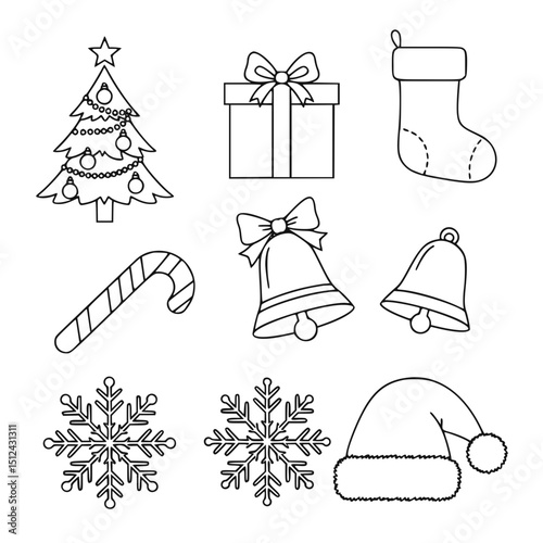 Christmas icons set, black and white, for cards