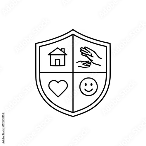 Protective shield graphic, line art style, monochrome, for website design