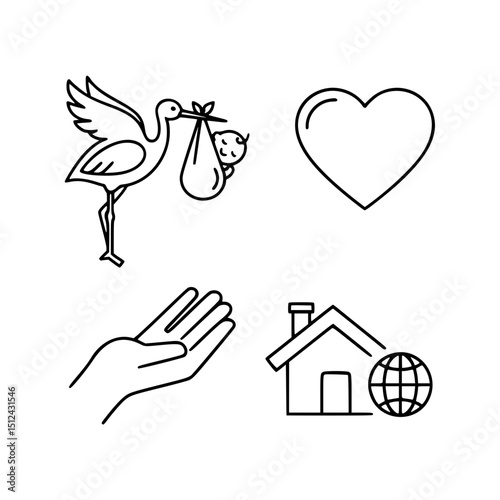 Family icons, home, heart, and stork delivering baby, for websites and presentations