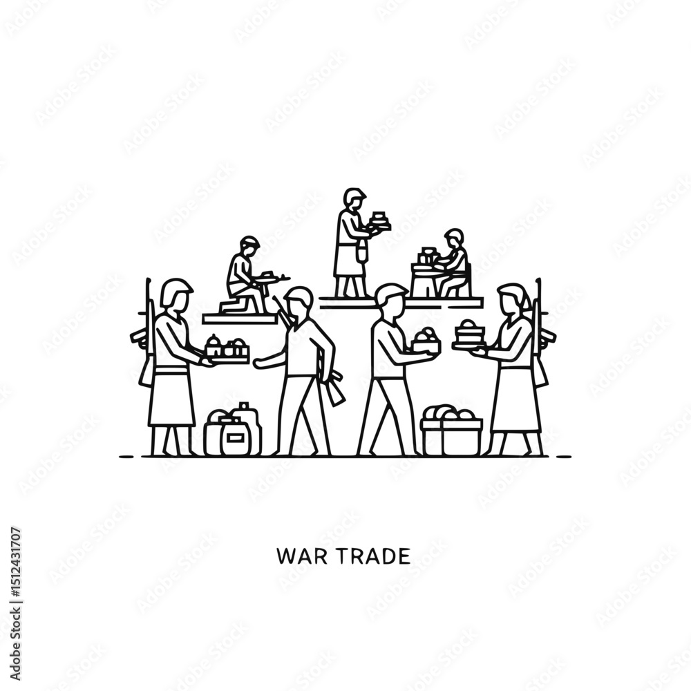 Fototapeta premium People exchanging goods during wartime, in black and white line art style, for illustrating conflict and trade