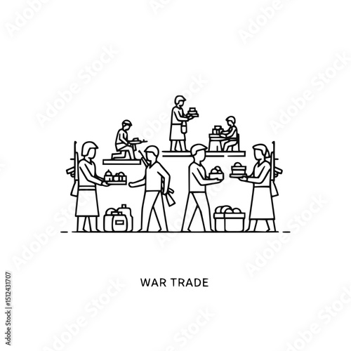People exchanging goods during wartime, in black and white line art style, for illustrating conflict and trade