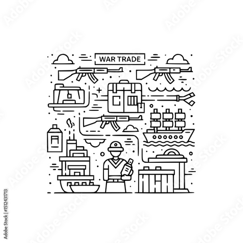 Arms trade illustration, monochrome line art, for websites and presentations