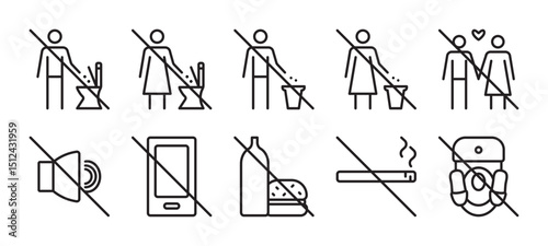 Prohibitory signs for public toilets, WC black line vector icon set. Collection of monochrome outline pictograms for women and men restrooms, 10 editable stroke symbols