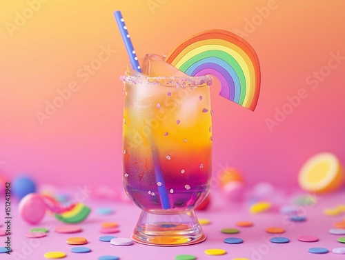 Layered rainbow-colored cocktail with ice, a straw, and a rainbow garnish sits on a pink surface adorned with colorful confetti