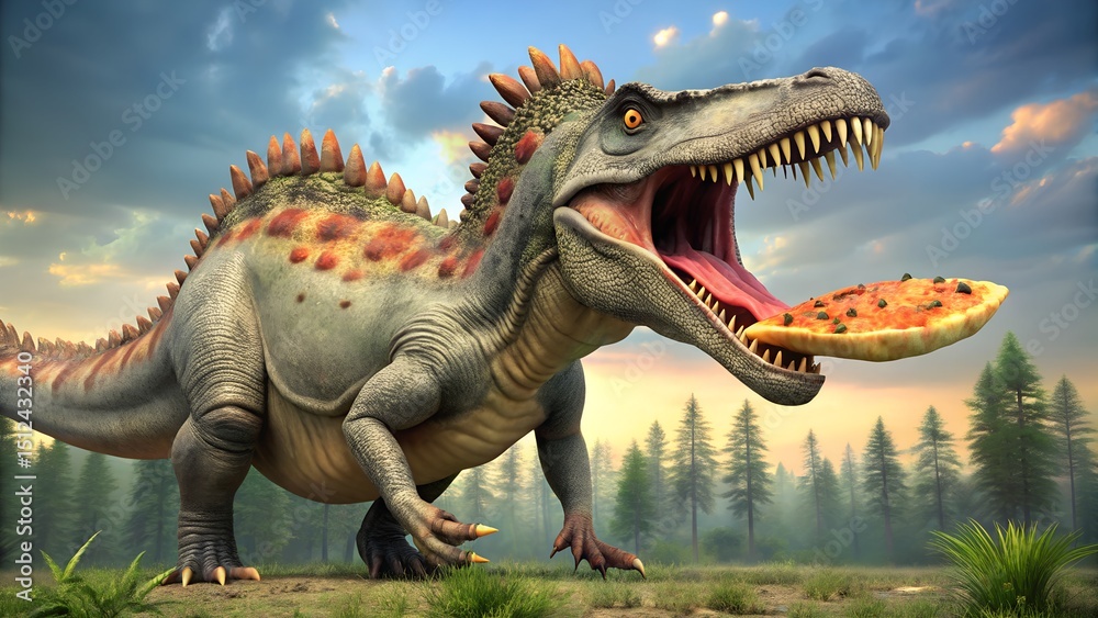 Naklejka premium Jurassic scene with dinosaurs and hot Meat Feast Pizza imaginative commercial art great for pizza brand visibility and food product engagement milkyhexddway pizzas Backgrounds ads