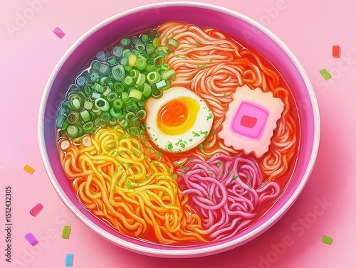 A vibrant, cartoonish bowl of ramen features colorful noodles, a perfect soft-boiled egg, and various toppings