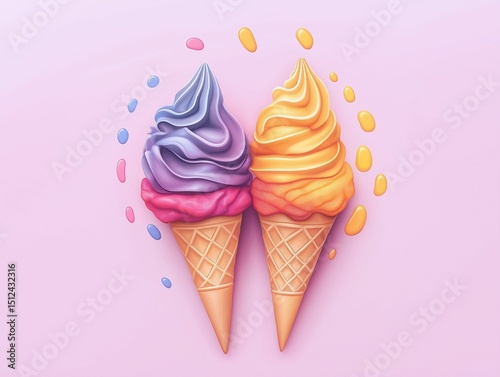 Two vibrant ice cream cones with soft serve swirls stand out against a pastel pink background