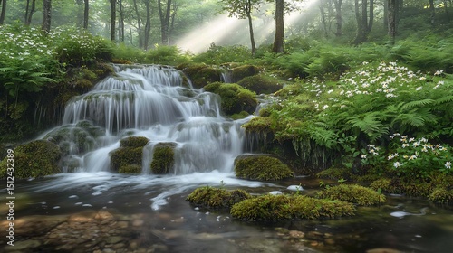 Crystal clear waterfall cascading over moss covered rock surrounded lush green fern delicate wildflower Soft beam of sunlight filter through tree creating tranquil refreshing atmosphere light