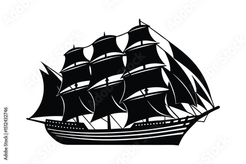 Silhouette of a sailing ship on white background