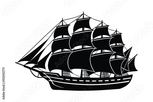 Silhouette of a sailing ship on white background