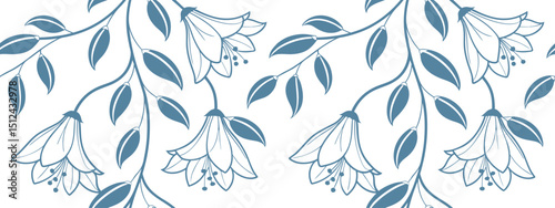Elegant seamless floral pattern with blue bell-shaped flowers and cascading leafy branches. Hand-drawn design ideal for textiles, wallpaper, and wrapping paper. Vintage botanical illustration look.