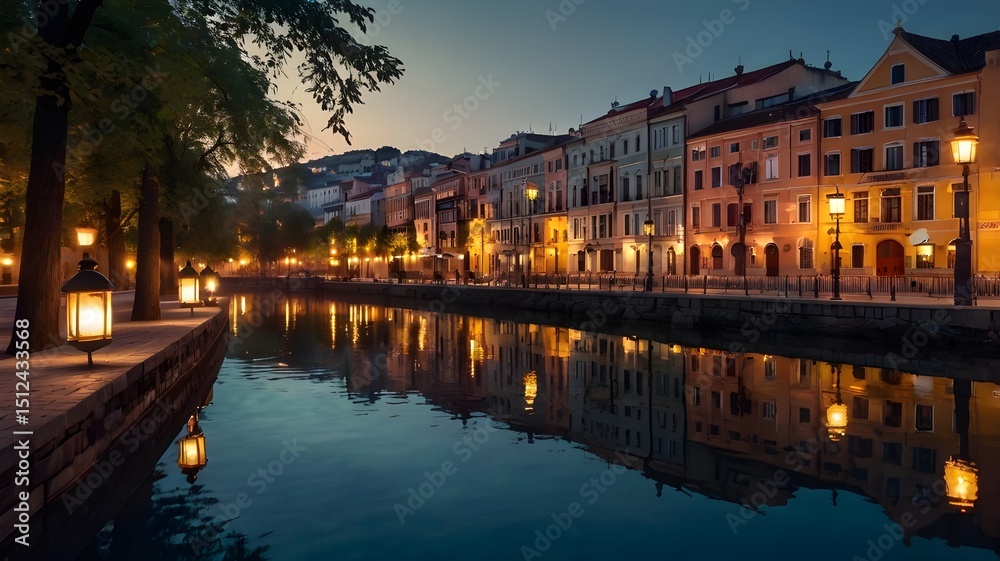 Obraz premium A charming cityscape in the evening with glowing lanterns and water reflections