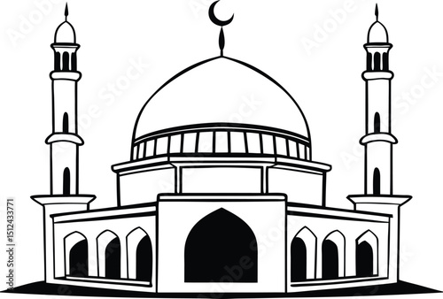 Crescent Moon Mosque Illustration in Black and White with Twin Minarets