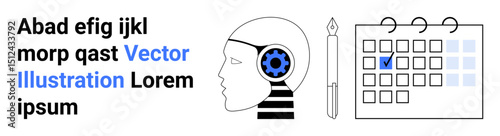 Human profile with cogwheel, fountain pen, calendar with a marked date in grid format. Ideal for creativity, planning, organization, learning, decision-making, design simple landing page