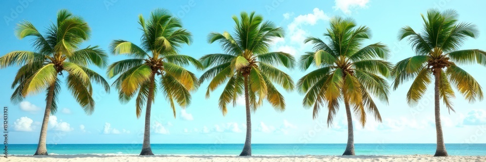 Fototapeta premium Tall coconut palms stand in a neat row, their fronds rustling in the sea breeze , exotic, idyllic