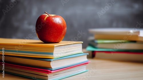 Stack of hardbound textbooks vibrant covers arranged on a desk topped with a shiny red apple symbolizing academic success and traditional education themes cut out on isolated transparent background