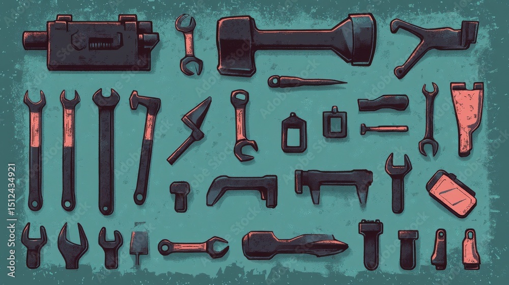 Obraz premium Hand industrial and building tools silhouettes. Handyman toolkit. Screwdriver and wrench, hammer instrument and saw illustration illustration , no logos, no brands