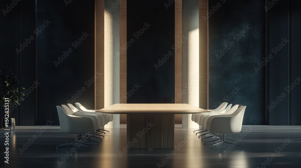 Fototapeta premium Modern conference room with light wooden table, columns and floor, white chairs and dark wall. 3D rendering illustration , no logos, no brands