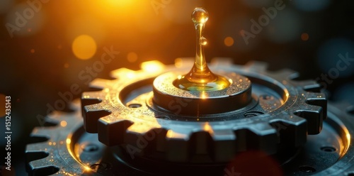 Sunlit golden oil droplets cascade over spinning gear system , abstract, art