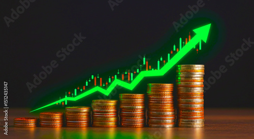A green arrow going up behind stacks of gold coins with a dark background and wooden surface