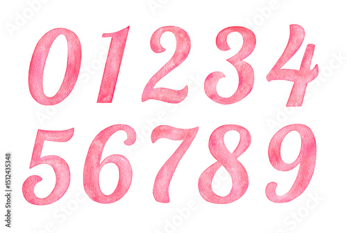Hand painted watercolor Red numbers 0-9 isolated on a white background.