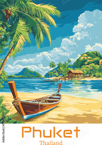 Phuket Thailand Vector Illustration. Longtail Boat on Beach, Tropical Paradise.