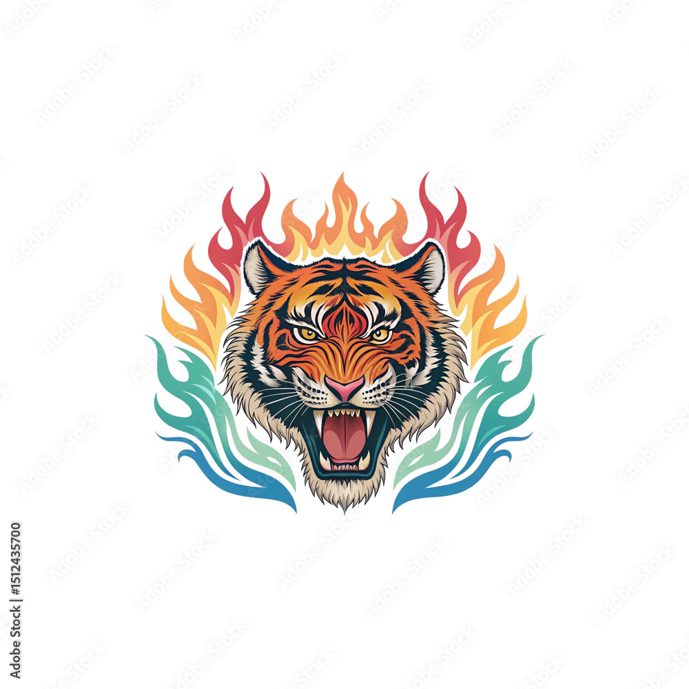 Fototapeta premium Fierce tiger head surrounded by colorful flames