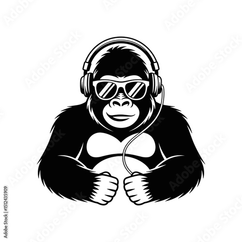 Cool Gorilla: A striking monochrome illustration of a gorilla, adorned with sunglasses and headphones, projecting an image of coolness, perfect for music, entertainment, or lifestyle themes. 