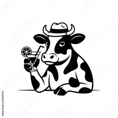 Cow with cocktail: Playful illustration of a cow wearing a hat and holding a cocktail glass, embodying a relaxed and cheerful persona.