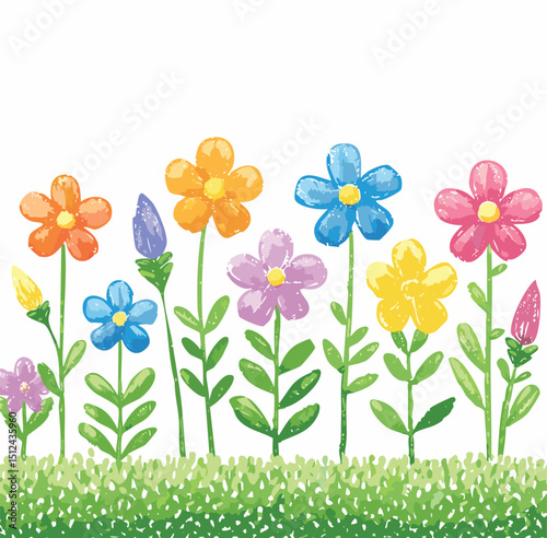 Flower kid crayon pencil vector. Childish spring floral background. Child color crayon chalk hand drawn with plant grass and spring flower. children, blackboard, chalk, colours, doodle, draw, painting
