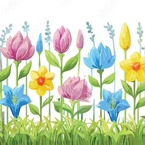 Flower kid crayon pencil vector. Childish spring floral background. Child color crayon chalk hand drawn with plant grass and spring flower. children, blackboard, chalk, colours, doodle, draw, painting