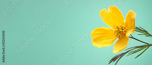 Single Yellow Flower Against Light Teal Background