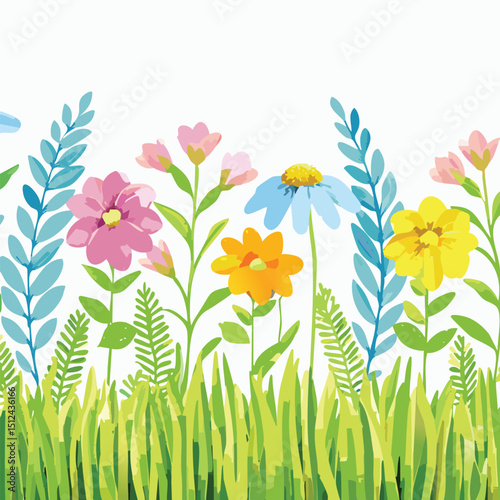 Flower kid crayon pencil vector. Childish spring floral background. Child color crayon chalk hand drawn with plant grass and spring flower. children, blackboard, chalk, colours, doodle, draw, painting