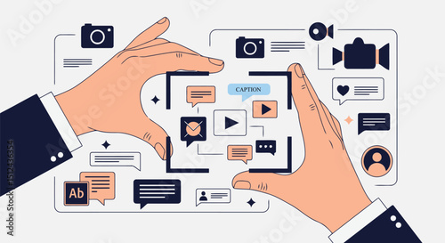 Hands forming a video frame with related icons a creative illustration