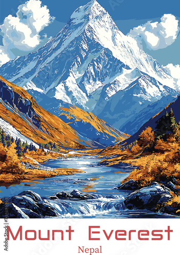Mount Everest Vector Illustration with River and Landscape