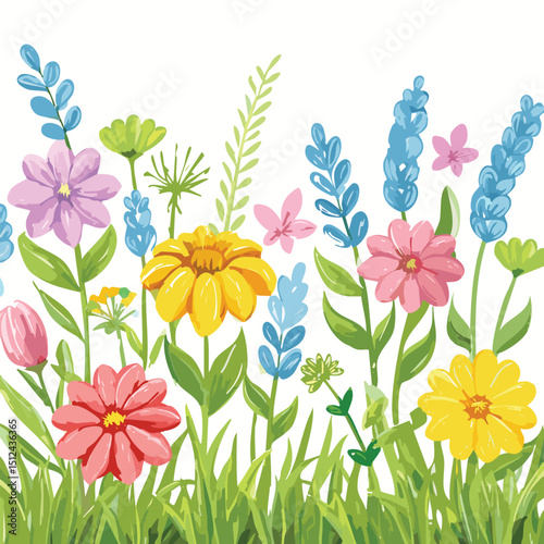 Flower kid crayon pencil vector. Childish spring floral background. Child color crayon chalk hand drawn with plant grass and spring flower. children, blackboard, chalk, colours, doodle, draw, painting