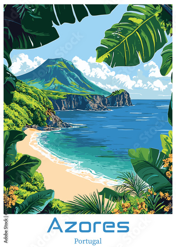 Azores Island Vector Illustration, Tropical Landscape.