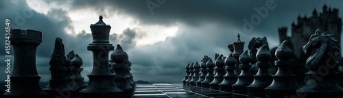 Dark Chessboard Before Castle Dramatic Composition, Gloomy Atmosphere, Stone Chess Pieces, Strategy Game. Chess, Fantasy
