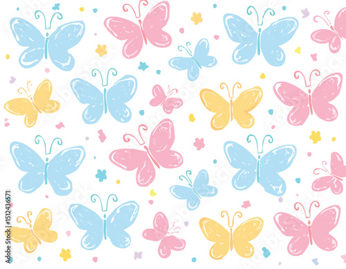 Cute butterfly vector. Crayon spring background. Pastel child butterfly art isolated. Simple flower color chalk hand drawn bg.children, butterfly, chalk, colours, doodle, draw, painting, pastel, 