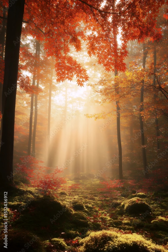 Obraz premium Golden Sunlight in Autumn Woods: Witness the enchanting spectacle of a sun-drenched woodland scene during the vibrant autumn season, where light filters through the trees.