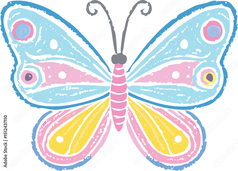 Fototapeta premium Cute butterfly vector. Crayon spring background. Pastel child butterfly art isolated. Simple flower color chalk hand drawn bg.children, butterfly, chalk, colours, doodle, draw, painting, pastel, 