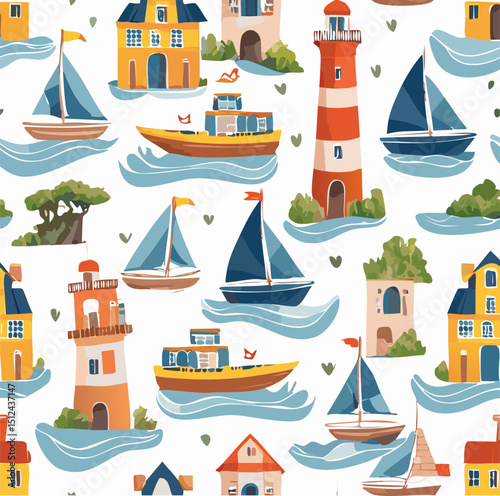 Summer sea beach pattern with lighthouse. Italy and Amalfi coast seamless background. Italian hand drawn pattern with boat, yacht, lighthouse, beach cabin hut, sailboat, rock, vector.brush, doodle, 