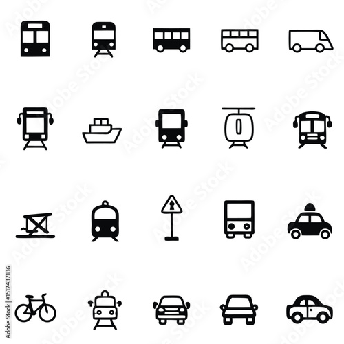 Collection of transportation icons including train bus car boat and bicycle