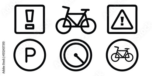 Collection of Black and White Graphic Symbols for Road Safety and Information