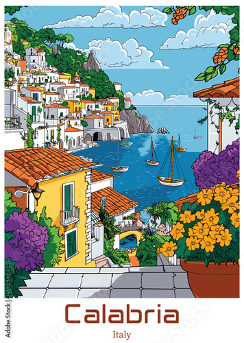 Calabria, Italy Vector Illustration. Coastal Village Scene.