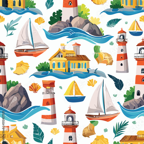 Summer sea beach pattern with lighthouse. Italy and Amalfi coast seamless background. Italian hand drawn pattern with boat, yacht, lighthouse, beach cabin hut, sailboat, rock, vector.brush, doodle, 
